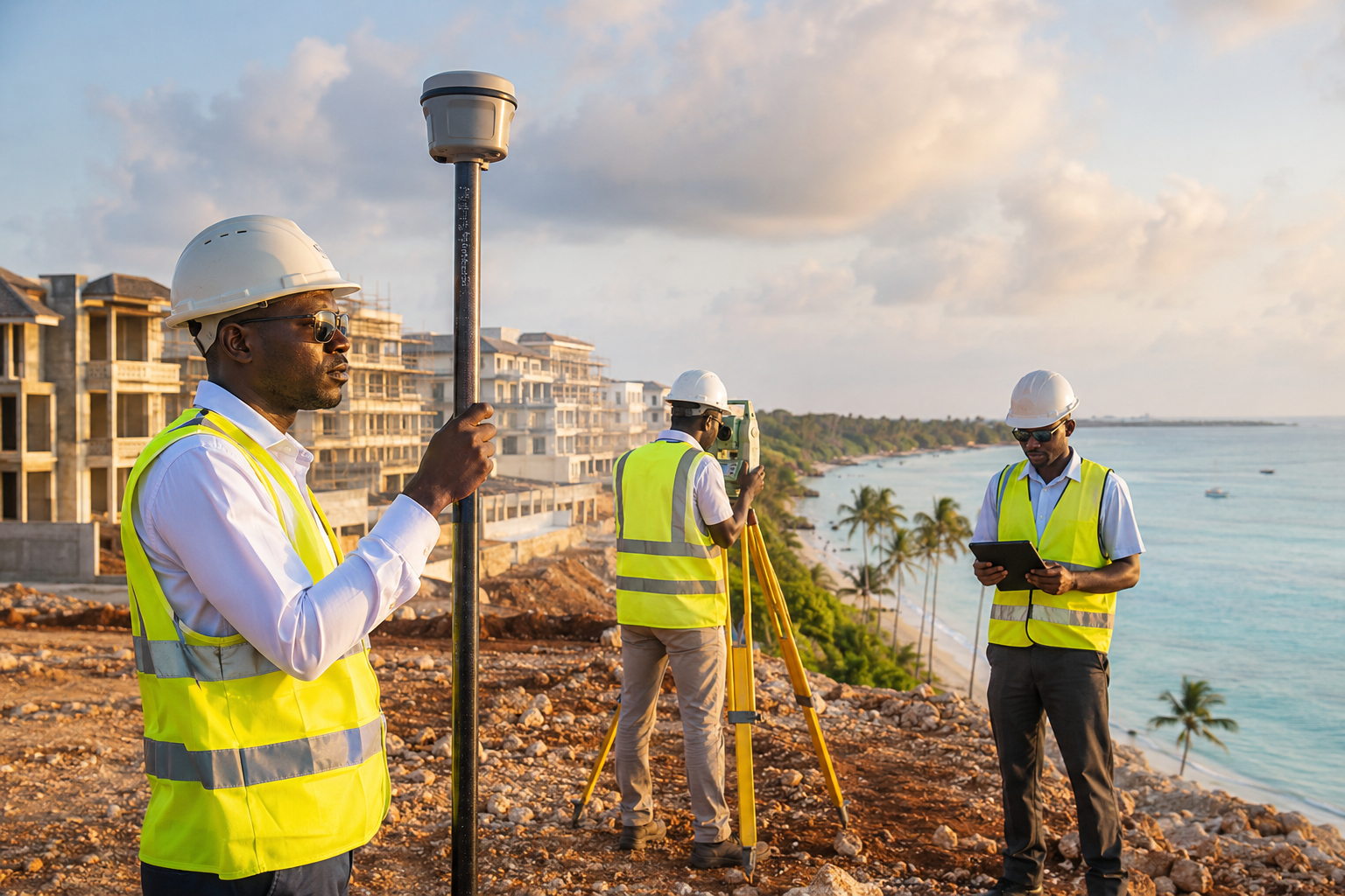 Professional survey team conducting topographical survey in Zanzibar