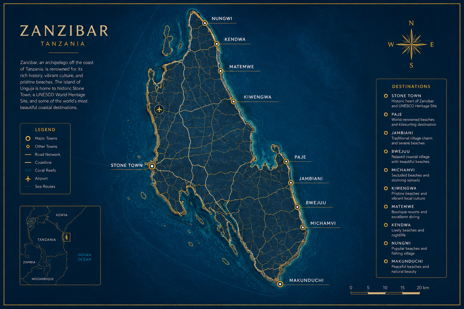 Service coverage map showing survey operations across Zanzibar archipelago